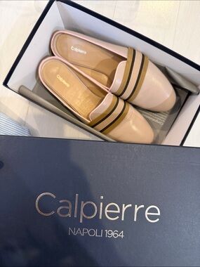 Beige with Pink Trim Leather Slip-On Mules with Striped Band Detail